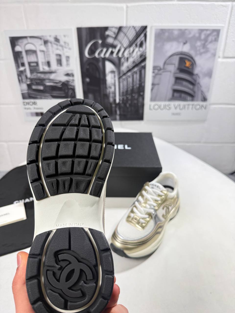 Chanel Fabric Laminated Calfskin White/Gold/Silver Womens Trainers UK Reps AAA Quality