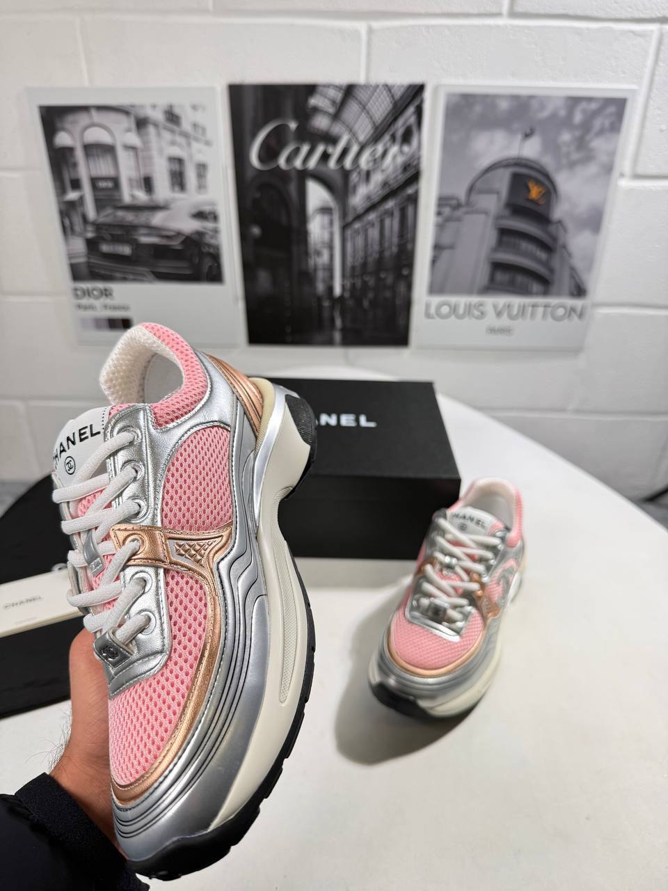 Chanel Fabric Laminated Calfskin Pink/Silver Womens Trainers UK Reps AAA Quality