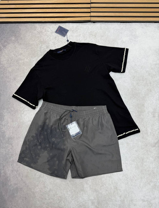 Louis Vuitton Pearl-Embellished Set Mens T-Shirt & Shorts Black and Grey UK Reps AAA Quality