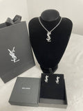 Saint Laurent Rhinestone Monogram Silver Necklace & Earrings Set Womens UK Reps AAA Quality