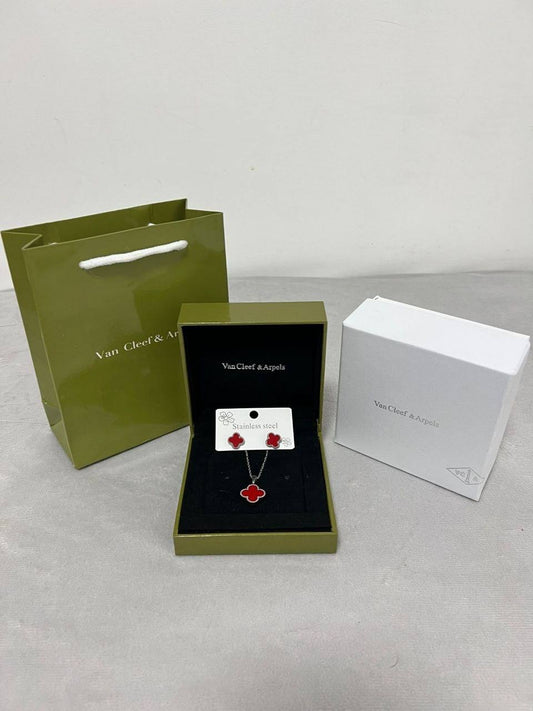 Van Cleef & Arpels Alhambra Silver Tone Necklace & Earrings Set Womens UK Reps AAA Quality