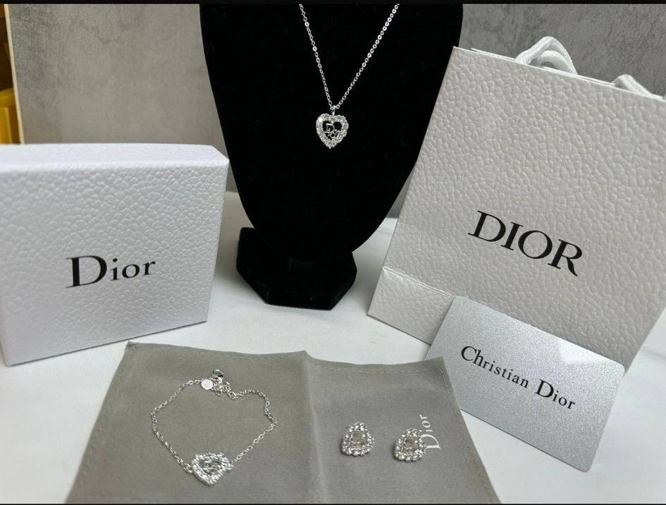 Christian Dior Pavé Rhinestone Heart Necklace & Earrings & Bracelet Set Womens UK Reps AAA Quality