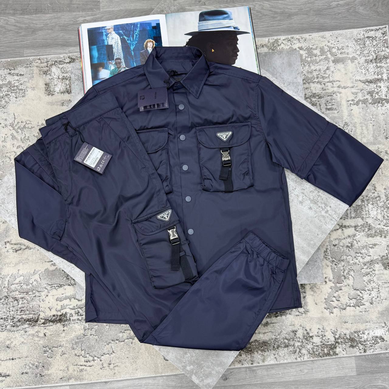Prada Re-Nylon Buckle Cargo Pocket Mens Overshirt & Pant Set in Navy Color Best Sale UK Reps AAA Quality