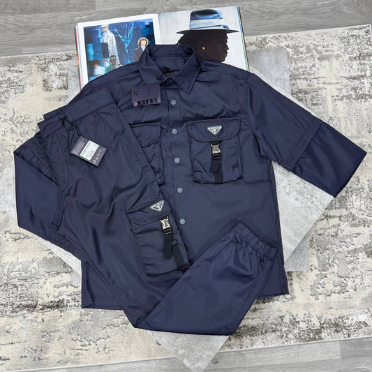 Prada Re-Nylon Buckle Cargo Pocket Mens Overshirt & Pant Set in Navy Color Best Sale UK Reps AAA Quality