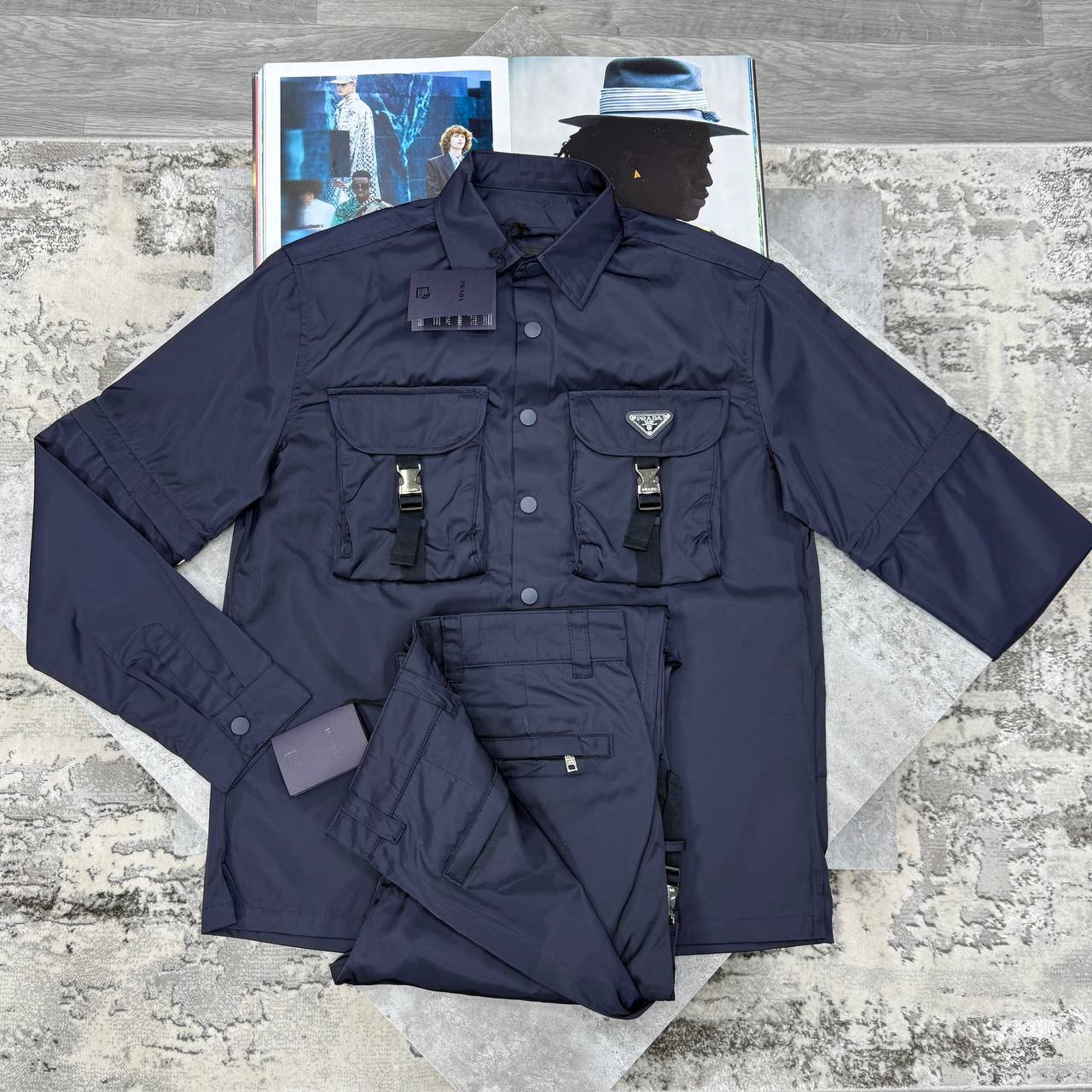 Prada Re-Nylon Buckle Cargo Pocket Mens Overshirt & Pant Set in Navy Color Best Sale UK Reps AAA Quality