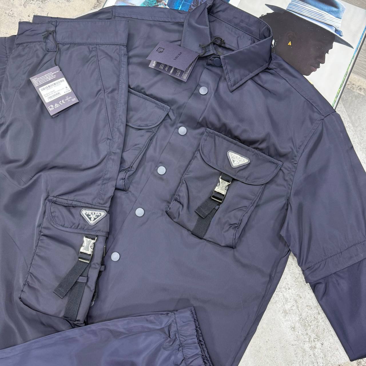 Prada Re-Nylon Buckle Cargo Pocket Mens Overshirt & Pant Set in Navy Color Best Sale UK Reps AAA Quality