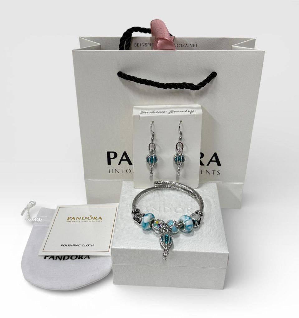 Pandora Teal Hot Air Balloon Bracelet & Earrings Set Womens UK Reps AAA Quality