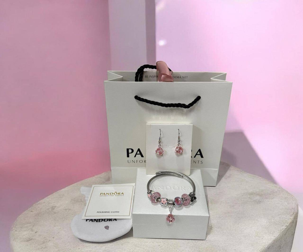 Pandora Pink Murano Glass & Heart Bracelet & Earrings Set Womens UK Reps AAA Quality