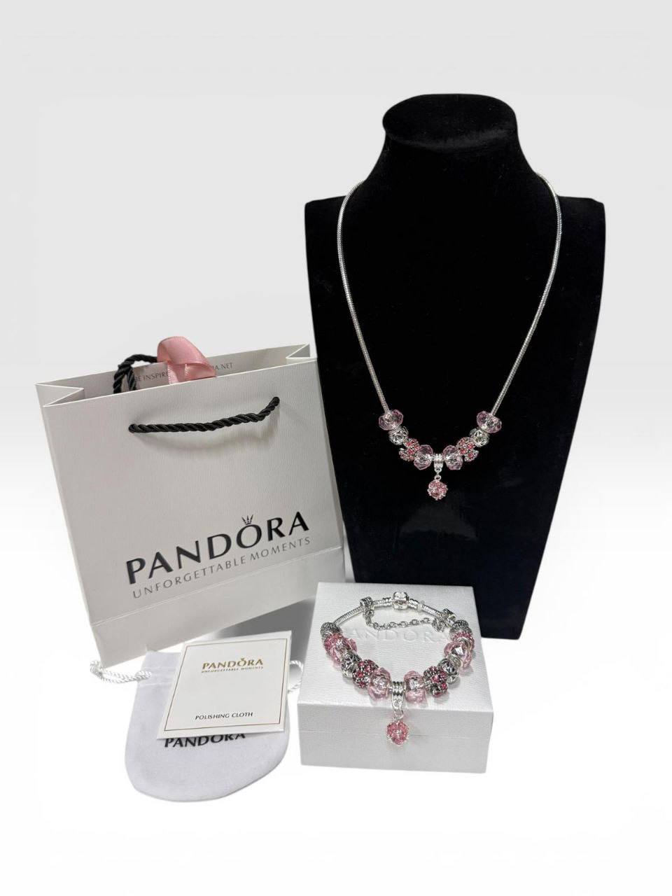 Pandora Pink & Silver Necklace & Bracelet Set Womens UK Reps AAA Quality