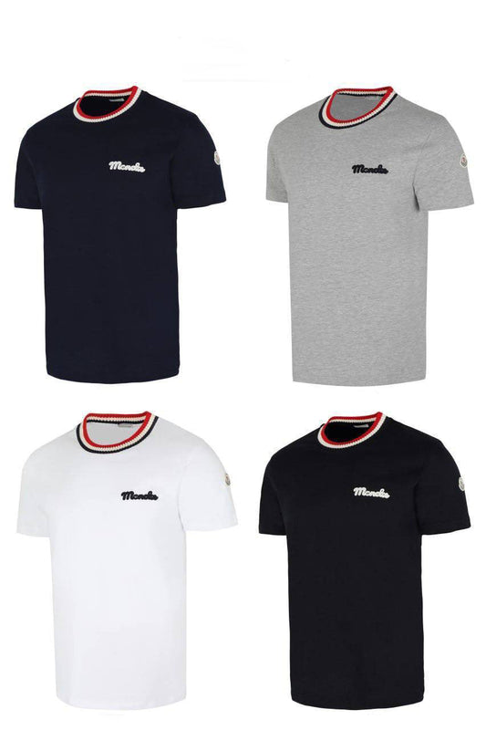 Moncler Striped Stretch-Knit Retro Logo with Striped Crewneck T-shirts Mens UK Reps AAA Quality