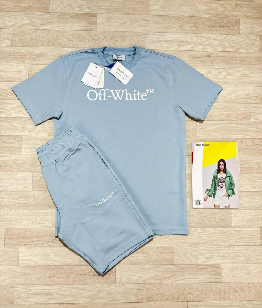 Off-White Big Bookish Logo T-Shirt & Shorts Light Blue UK Reps AAA Quality
