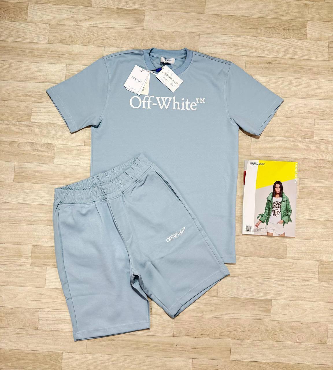 Off-White Big Bookish Logo T-Shirt & Shorts Light Blue UK Reps AAA Quality