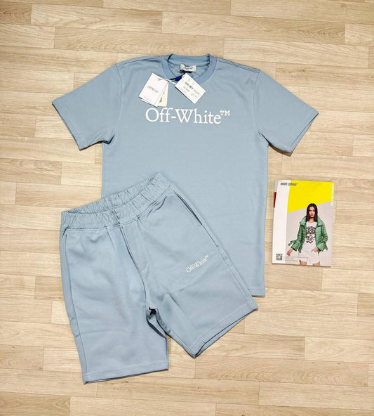 Off-White Big Bookish Logo T-Shirt & Shorts Light Blue UK Reps AAA Quality