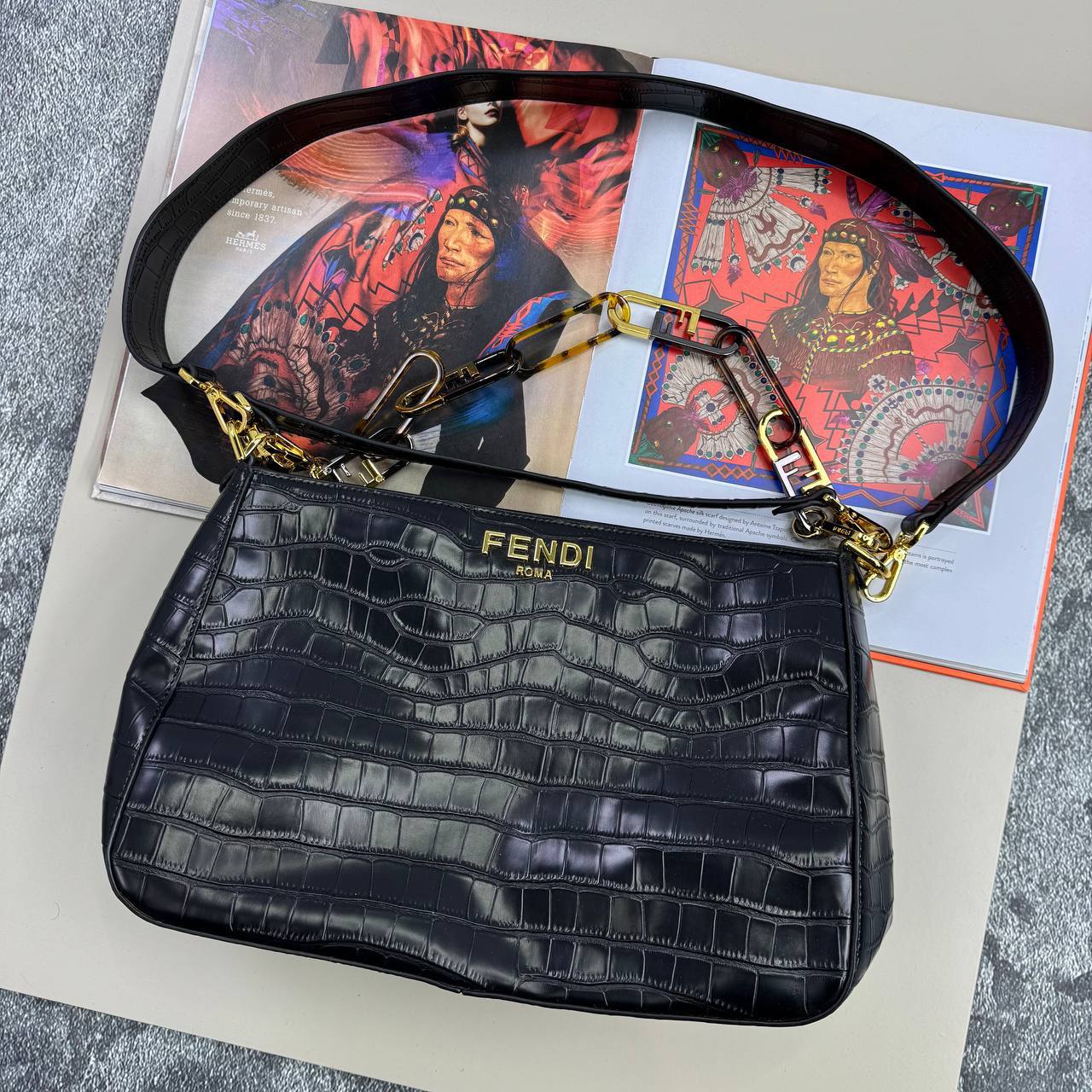Fendi Crocodile-Embossed Women's Bag in Black Color UK Reps AAA Quality