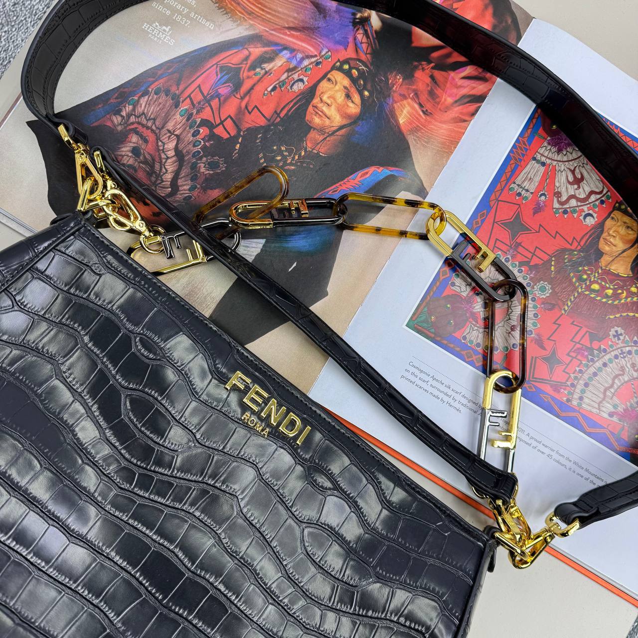 Fendi Crocodile-Embossed Women's Bag in Black Color UK Reps AAA Quality