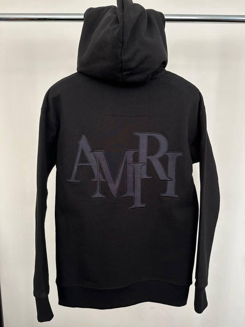 Amiri Staggered Logo-Patches Hoodie Mens in Black Color Best Sale UK Reps AAA Quality