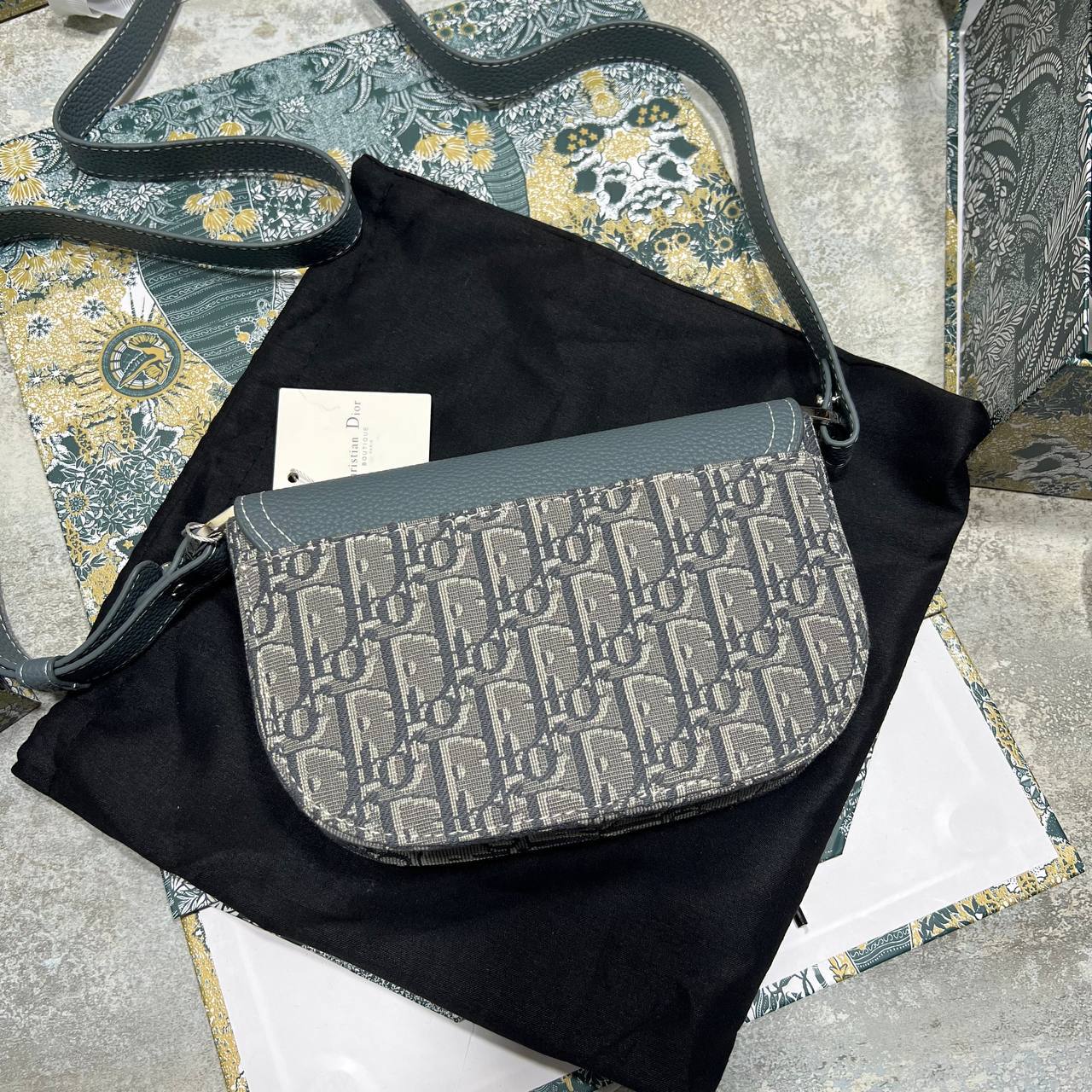 Christian Dior Mini Saddle Messenger Bags with Flap Mens Bag Grey and Blue UK Reps AAA Quality