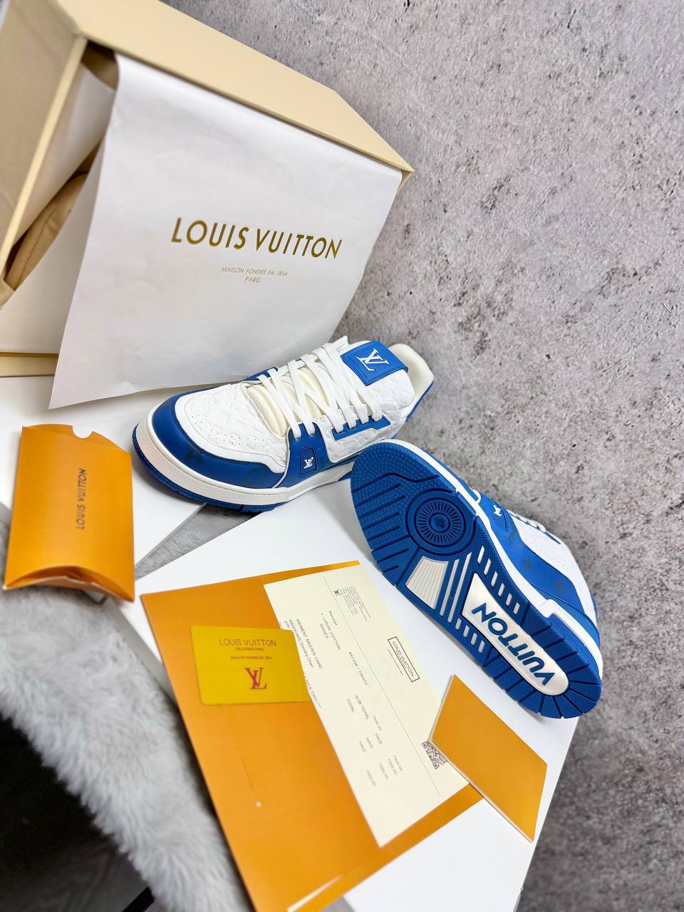 Louis Vuitton LV Monogram White and Royal Blue Mens Trainers UK Reps AAA Quality