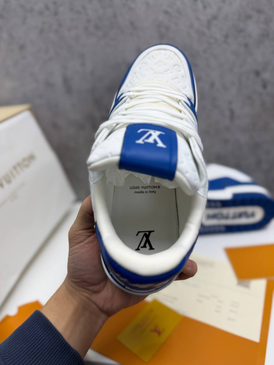Louis Vuitton LV Monogram White and Royal Blue Mens Trainers UK Reps AAA Quality