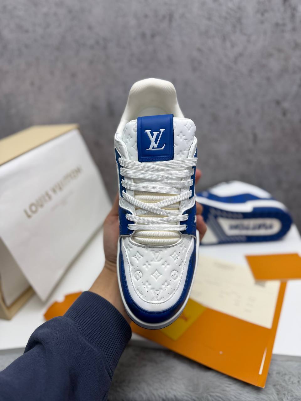 Louis Vuitton LV Monogram White and Royal Blue Mens Trainers UK Reps AAA Quality