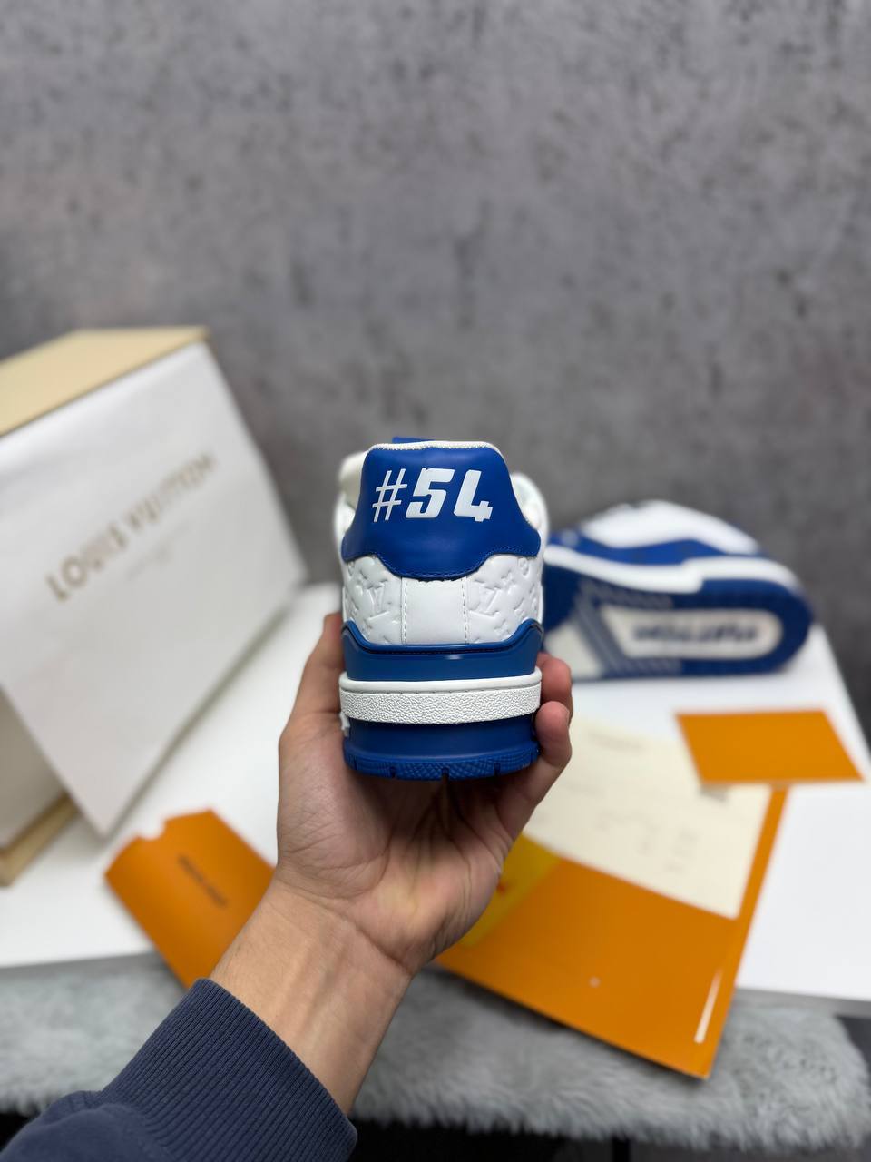 Louis Vuitton LV Monogram White and Royal Blue Mens Trainers UK Reps AAA Quality