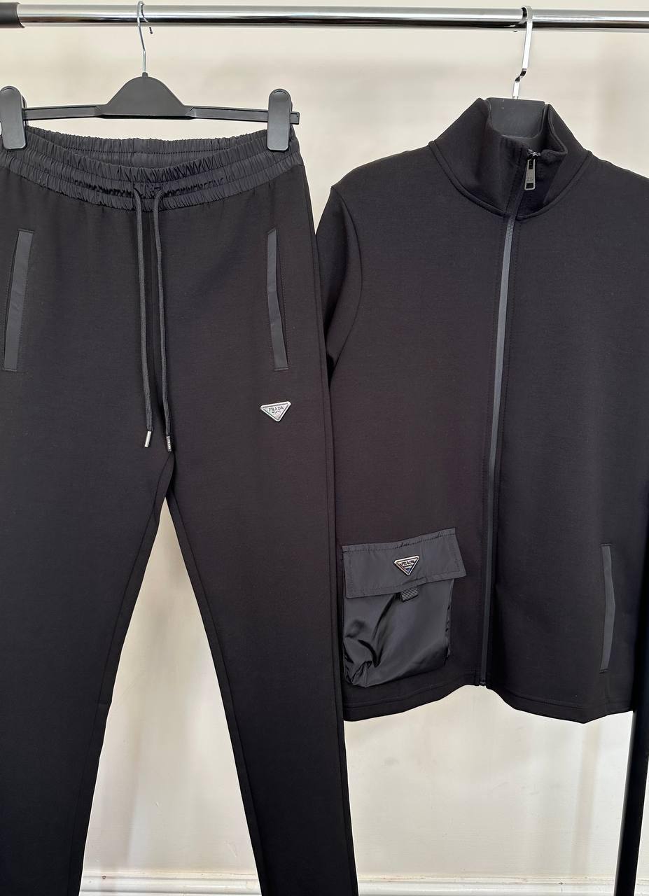 Prada Logo Zip-Closure Mens Tracksuits in Black Color Best Sale UK Reps AAA Quality
