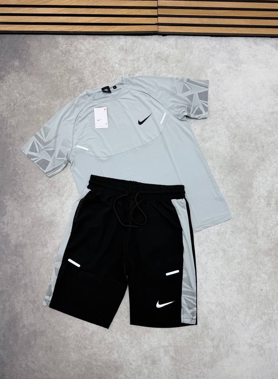 Nike Activewear Light Gray & Black T-Shirt & Shorts Set Men's UK Reps AAA Quality