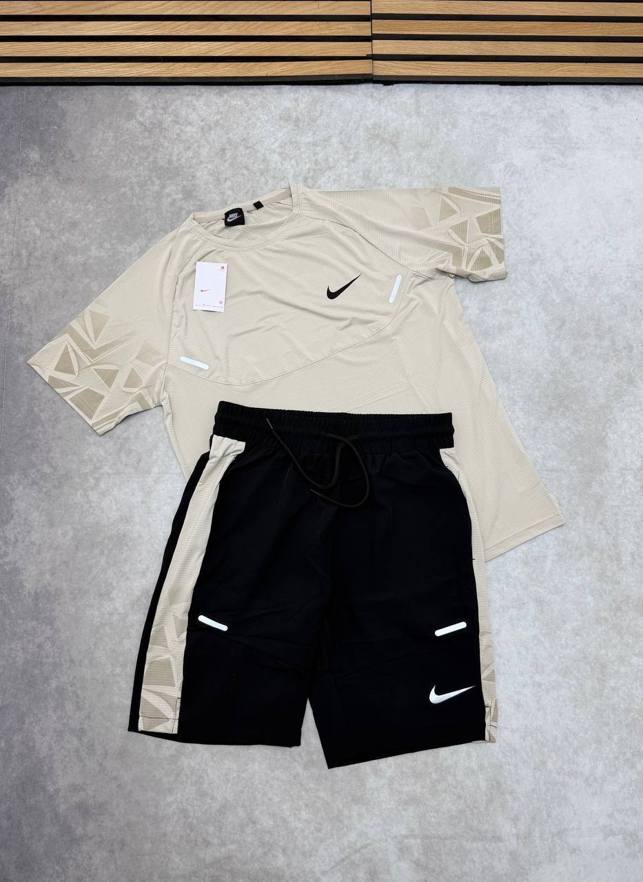 Nike Activewear Beige & Black T-Shirt & Shorts Set Men's UK Reps AAA Quality