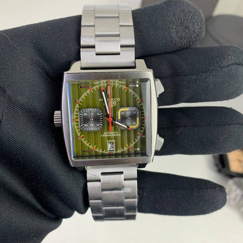 Tag Heuer Monaco Green Dial Silver Bracelet Mens Watches UK Reps AAA Quality