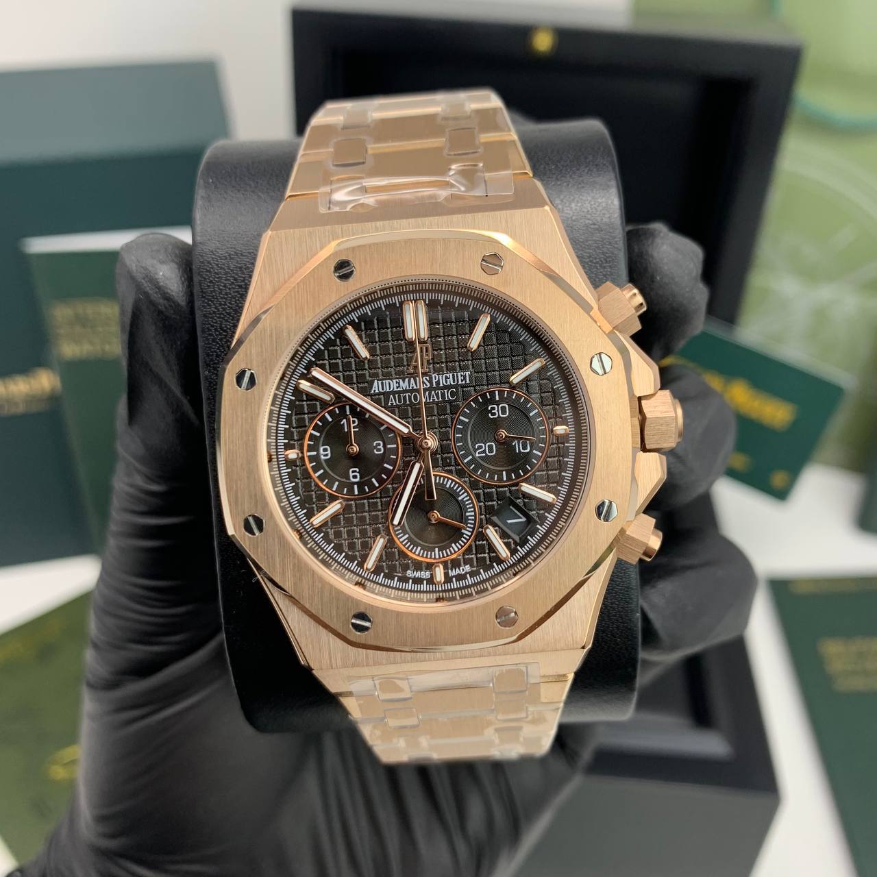 Audemars Piguet Royal Oak Rose Gold Black Dial Watch Mens Watch Best Sale UK Reps