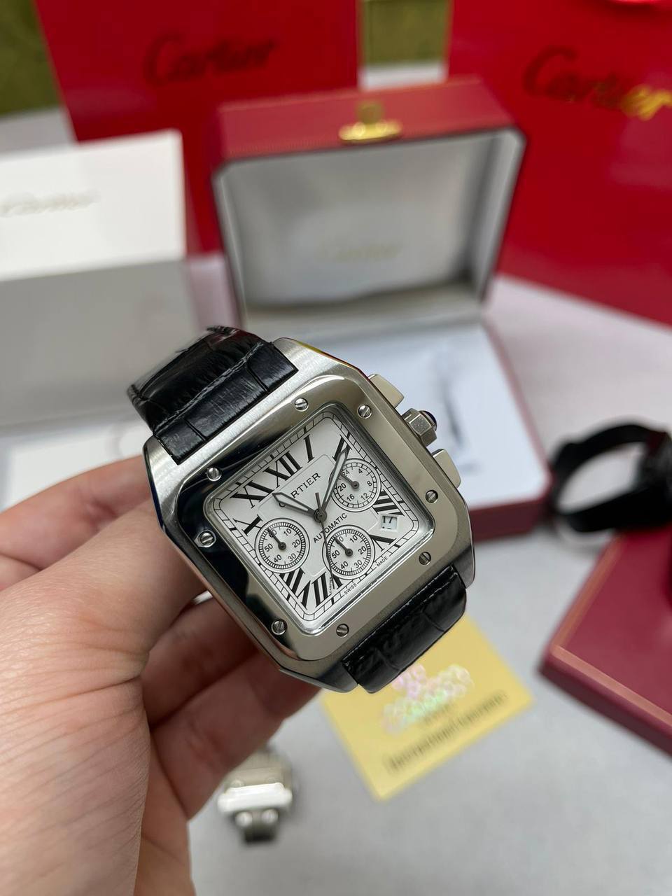 Cartier Santos 100 Steel White Dial Leather Strap Mens Watch UK Reps AAA Quality
