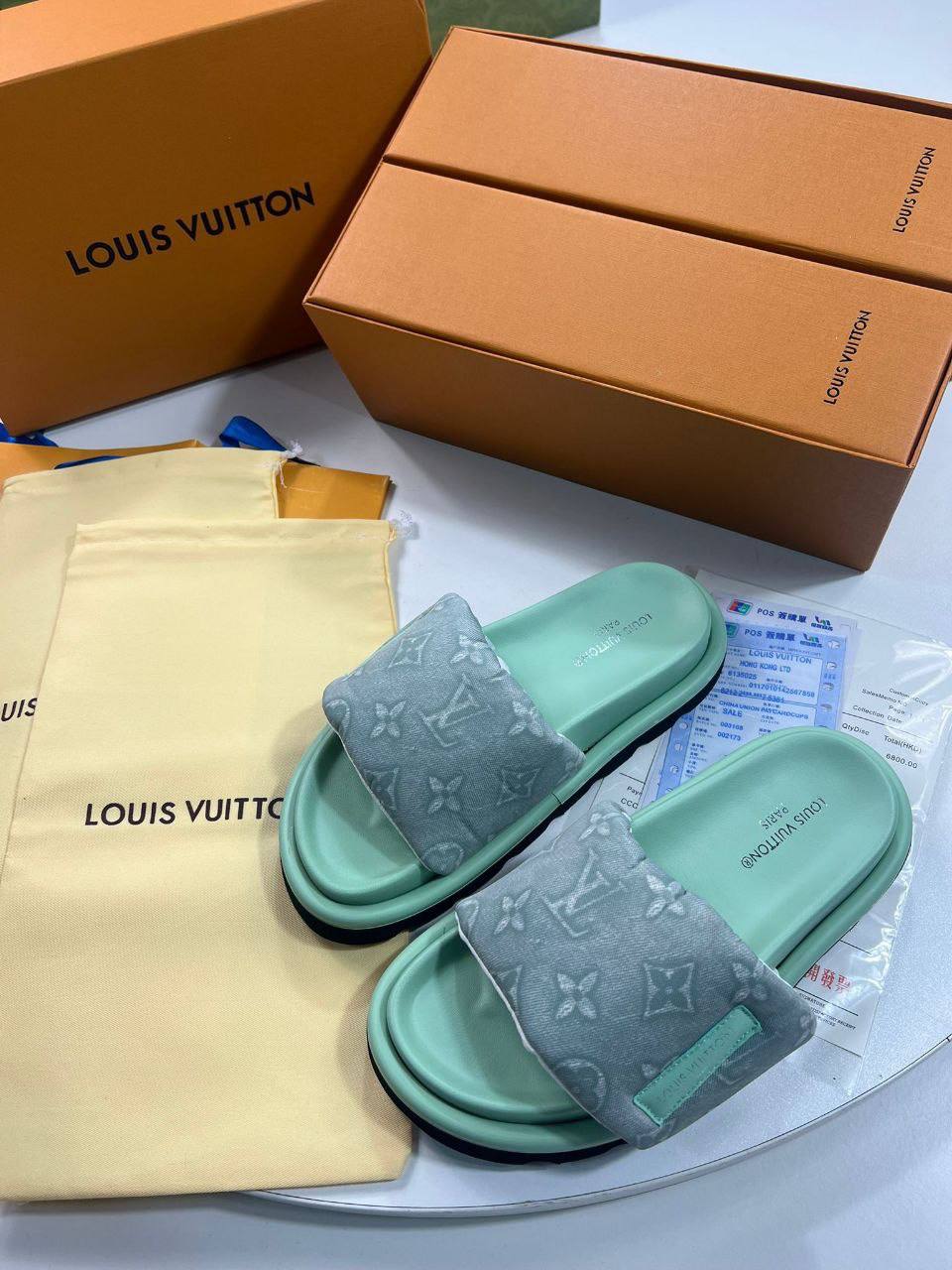Louis Vuitton Pillow Flat Sandals Green Denim Women UK Reps AAA Quality