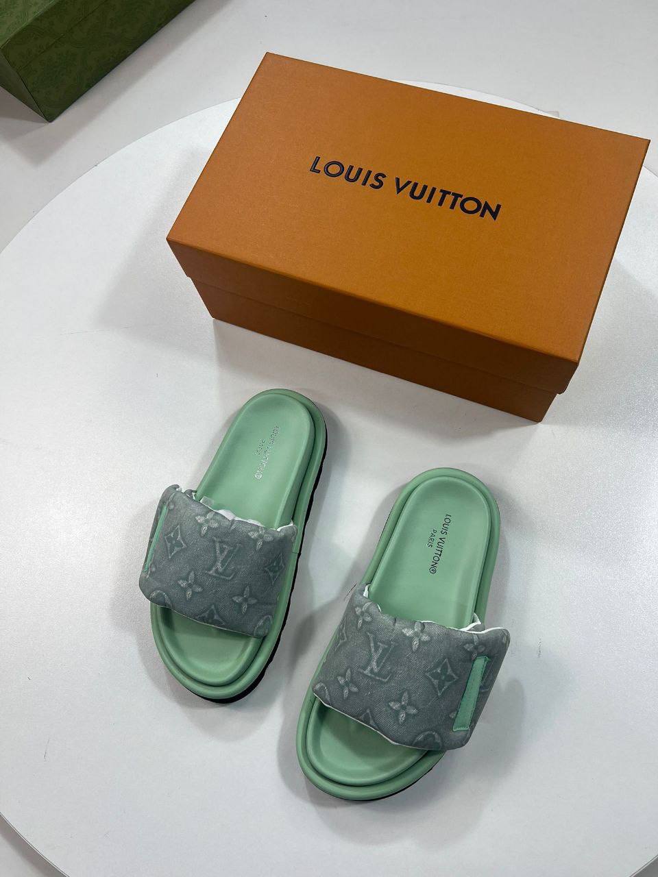 Louis Vuitton Pillow Flat Sandals Green Denim Women UK Reps AAA Quality