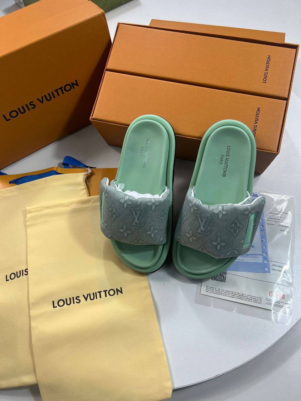 Louis Vuitton Pillow Flat Sandals Green Denim Women UK Reps AAA Quality