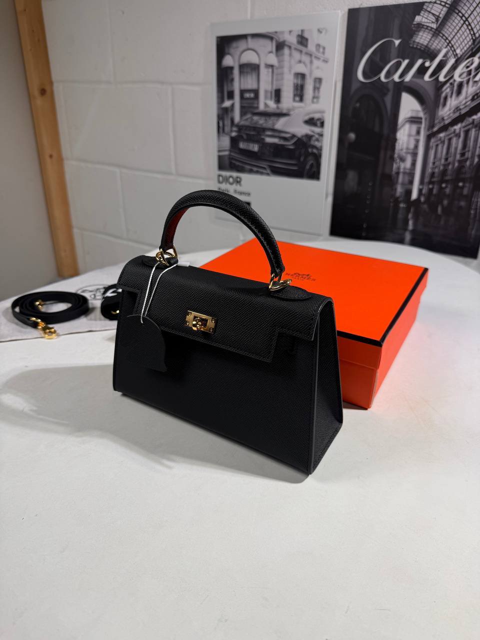 Hermes Kelly Epsom Black Sellier Gold Hardware Womens Bag Black UK Reps AAA Quality