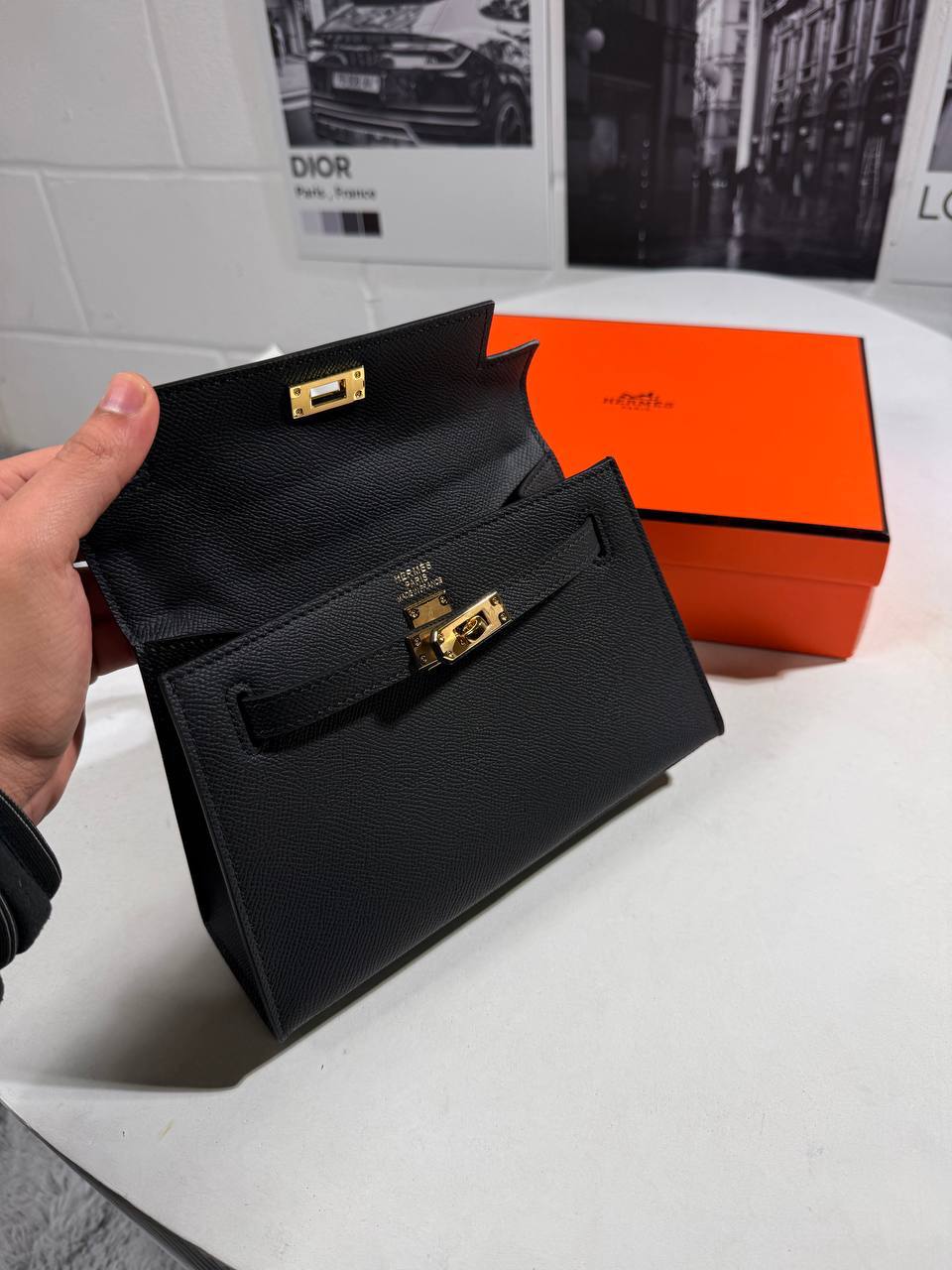 Hermes Kelly Epsom Black Sellier Gold Hardware Womens Bag Black UK Reps AAA Quality