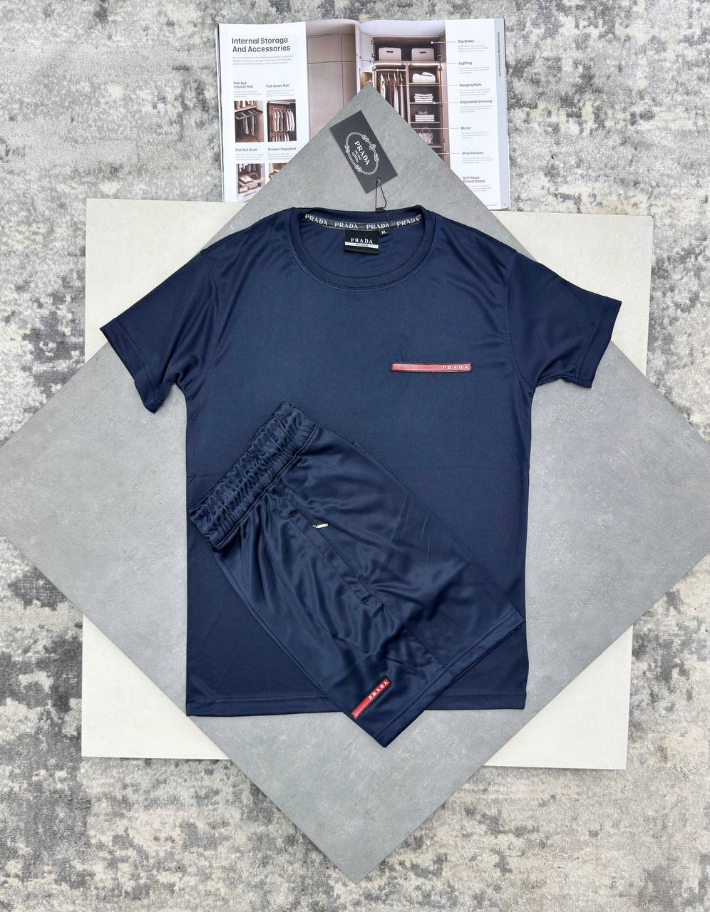 Prada Athleisure Two-Piece Navy Men's T-Shirts and Shorts UK Reps AAA Quality