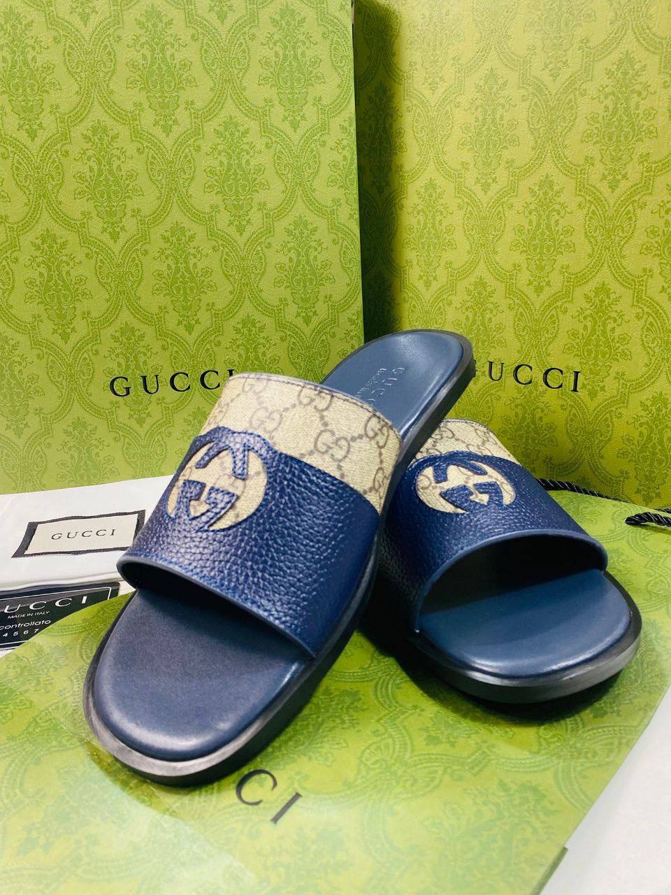 Gucci GG Supreme Canvas and Blue Leather Slide Mens UK Reps AAA Quality