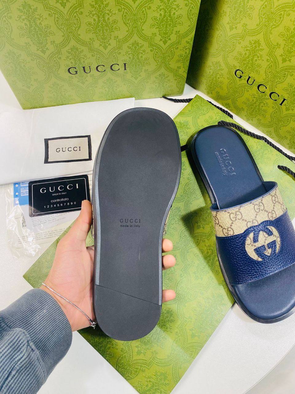 Gucci GG Supreme Canvas and Blue Leather Slide Mens UK Reps AAA Quality