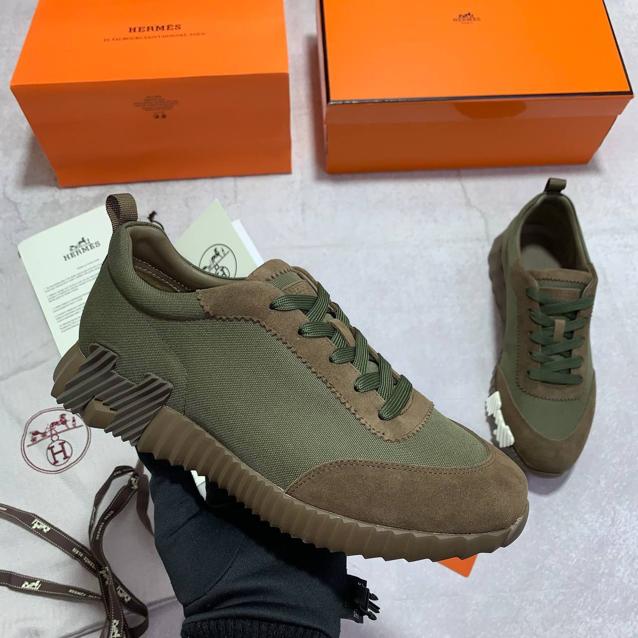 Hermes Green Bouncing Sneakers Men's Best Sale UK Reps AAA Quality