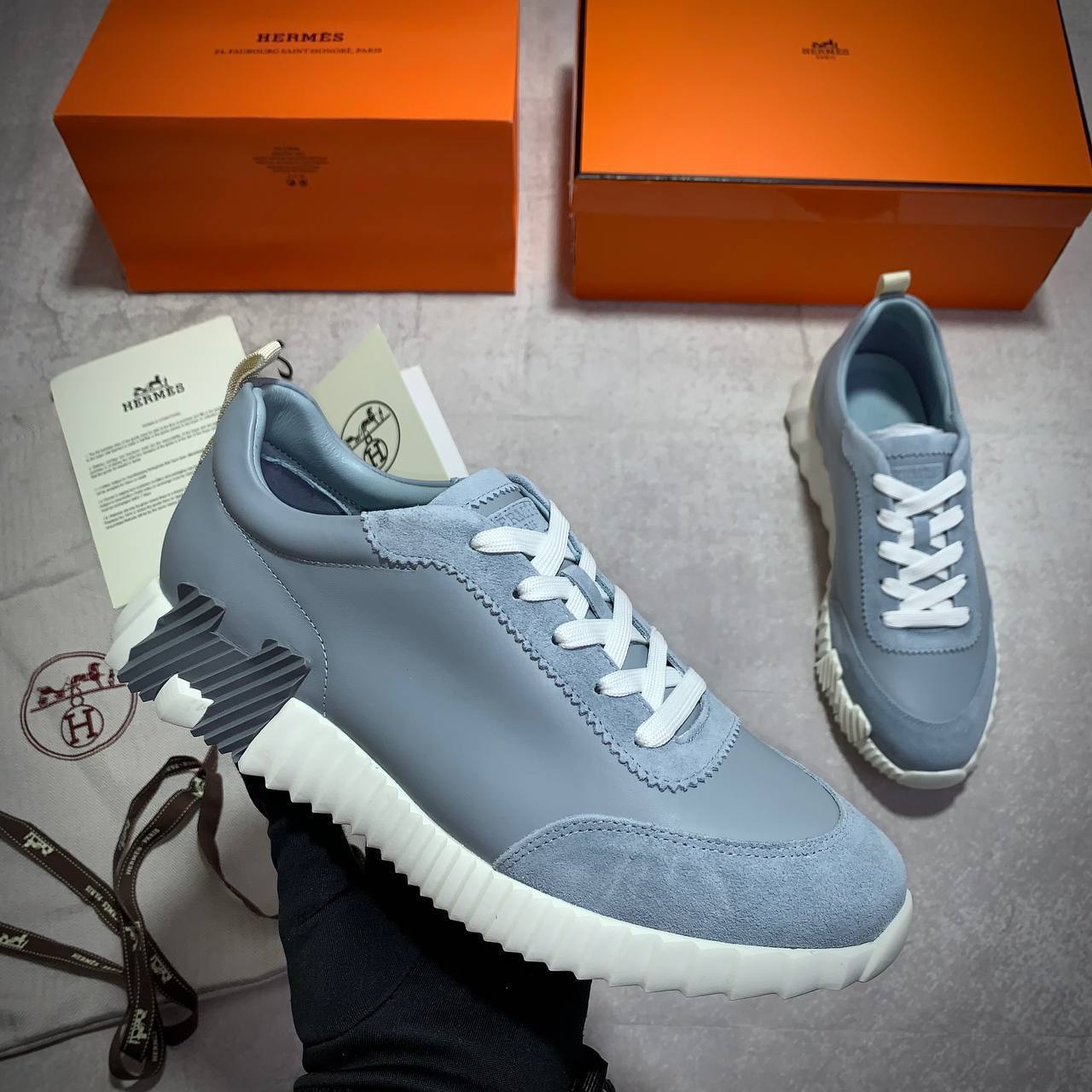 Hermes Grey Blue Bouncing Sneakers Men's Best Sale UK Reps AAA Quality