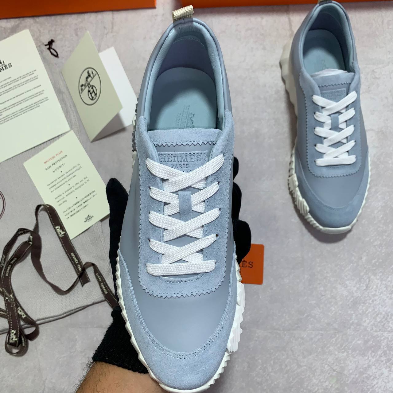 Hermes Grey Blue Bouncing Sneakers Men's Best Sale UK Reps AAA Quality