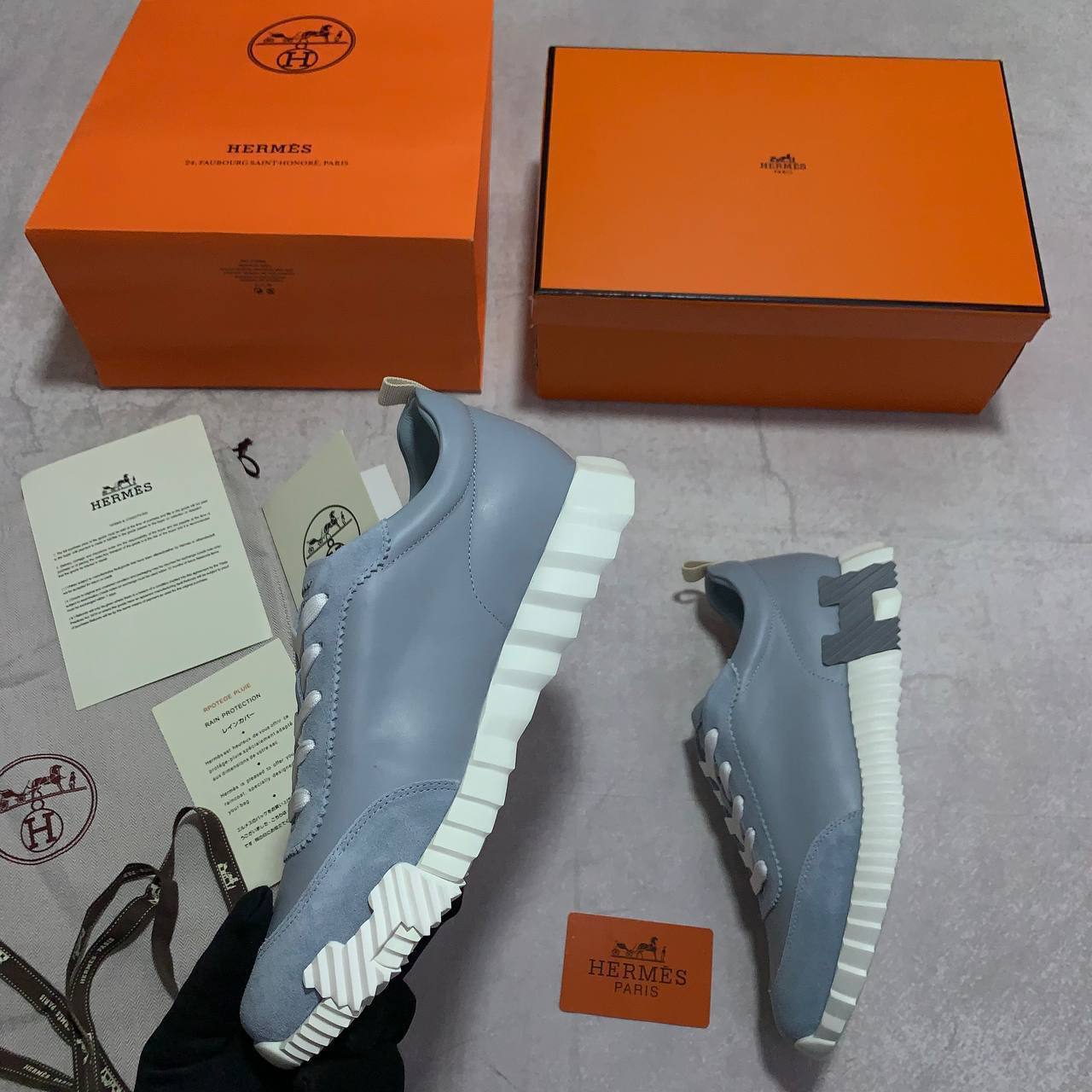 Hermes Grey Blue Bouncing Sneakers Men's Best Sale UK Reps AAA Quality