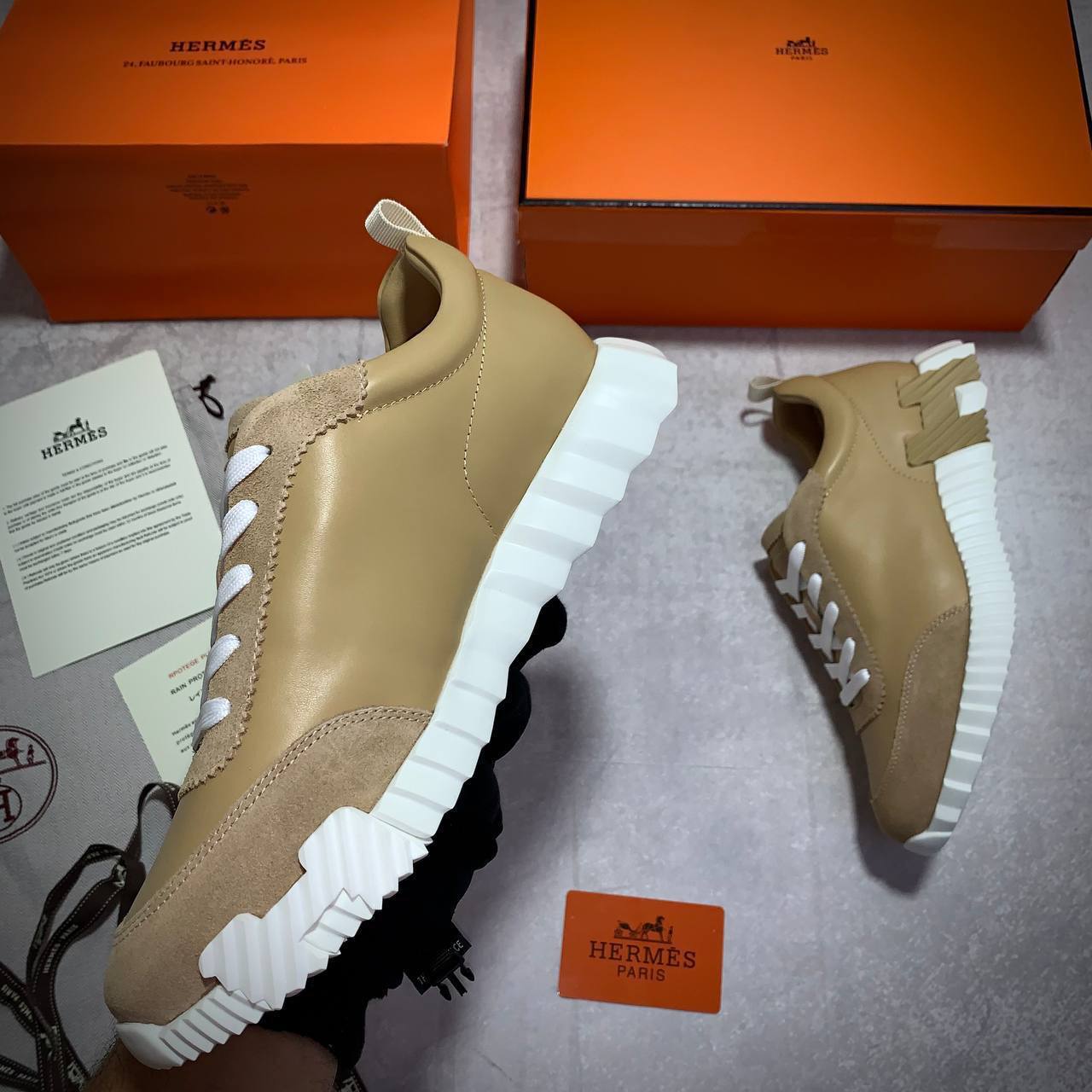 Hermes Beige Brown Bouncing Sneakers Men's Best Sale UK Reps AAA Quality