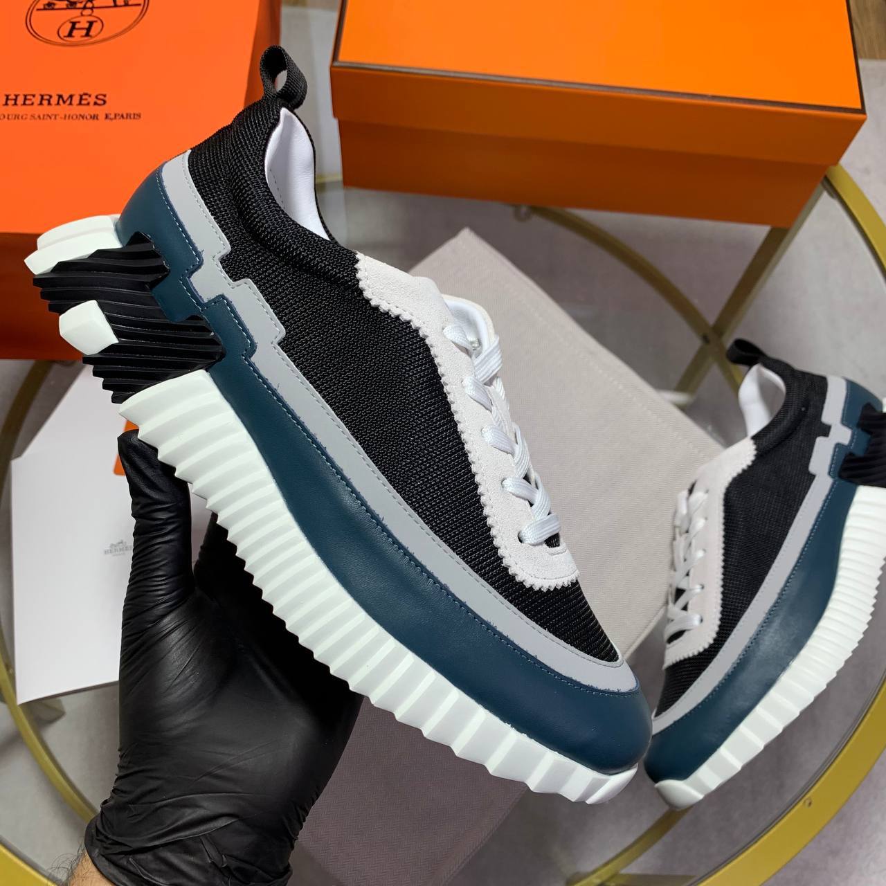 Hermes Black/Blue Bouncing Sneakers Men's Best Sale UK Reps AAA Quality