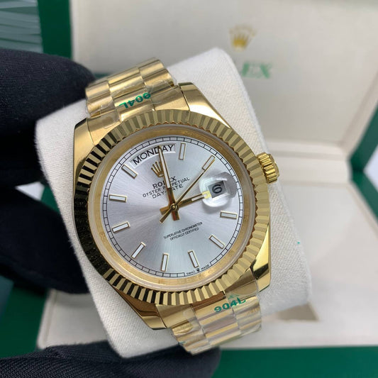 Rolex Day-Date Silver Grey Dial Fluted Bezel Watch with Gold Bracelet Mens Watches Best Sale UK Reps AAA Quality