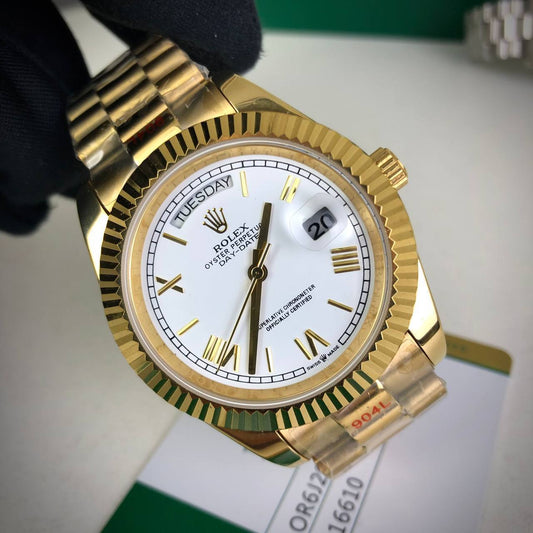 Rolex Day-Date Roman White Dial Fluted Bezel Watch with Gold Bracelet Mens Watches Best Sale UK Reps AAA Quality
