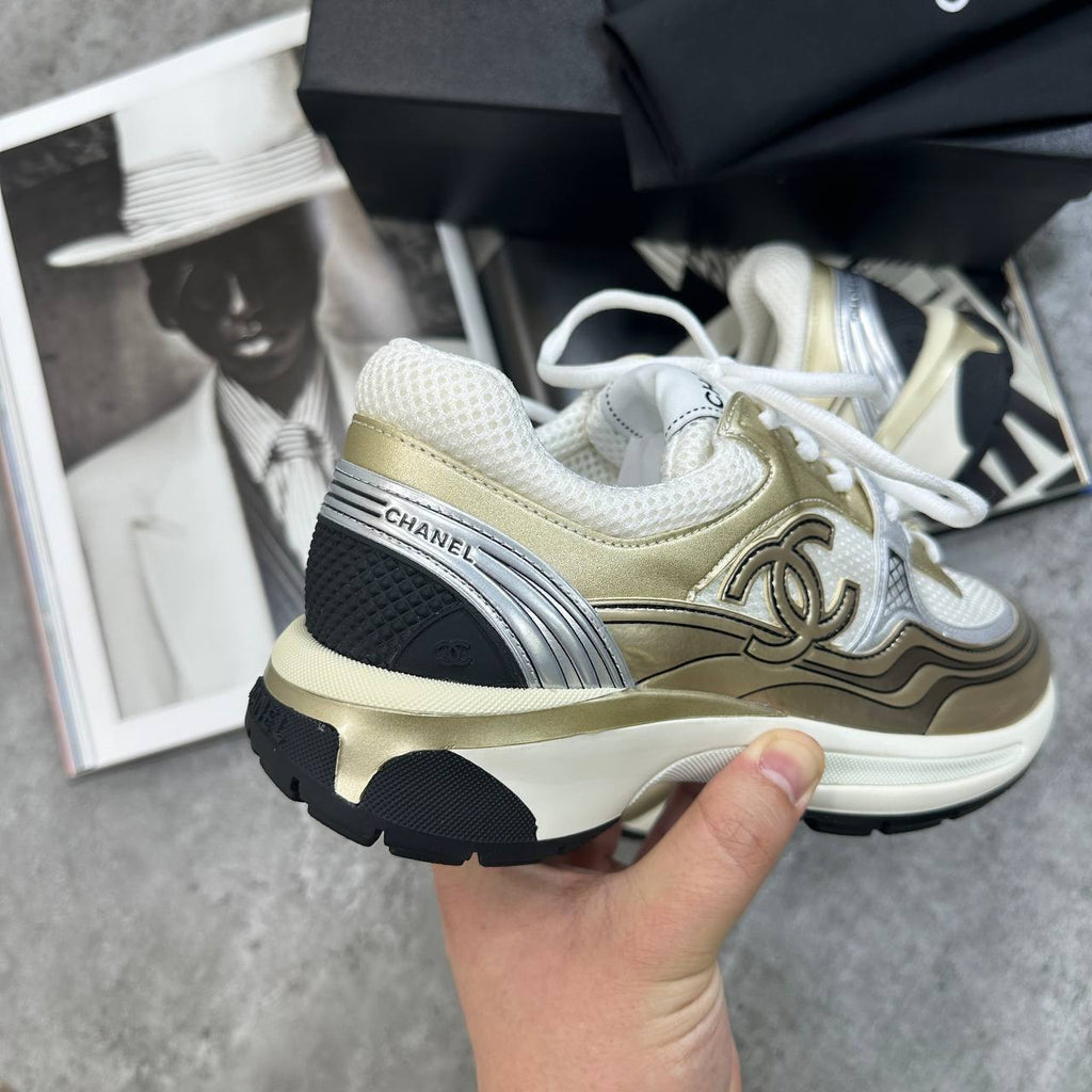 Chanel Laminated Ivory Metallic Flat Trainers Women's in Silver Color UK Reps AAA Quality