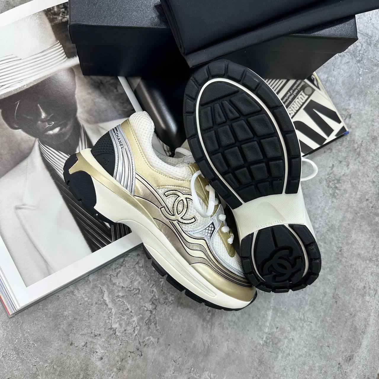 Chanel Laminated Ivory Metallic Flat Trainers Women's in Silver Color UK Reps AAA Quality