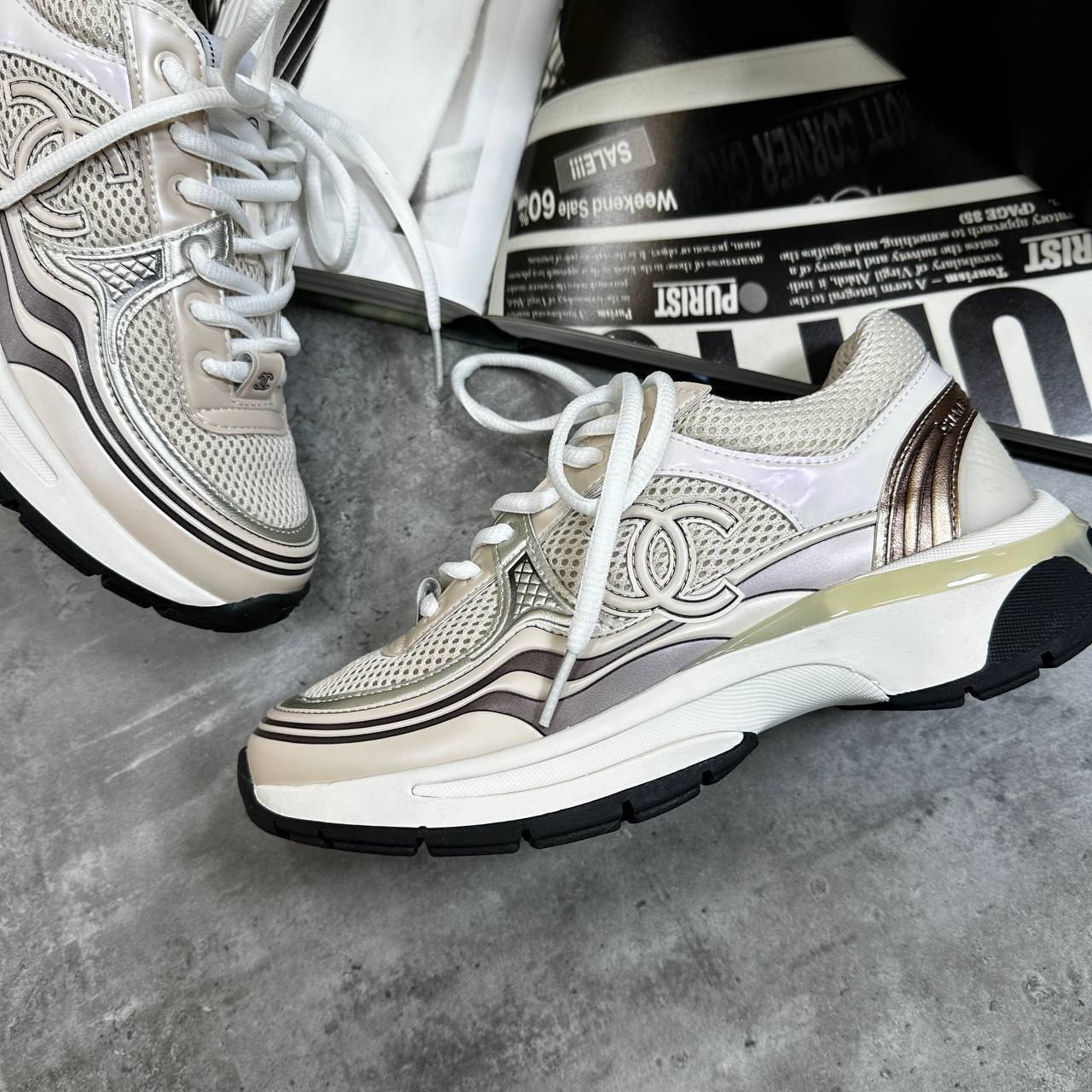 Chanel Laminated Ivory Metallic Flat Trainers Women's in Shiny Gold Color UK Reps AAA Quality